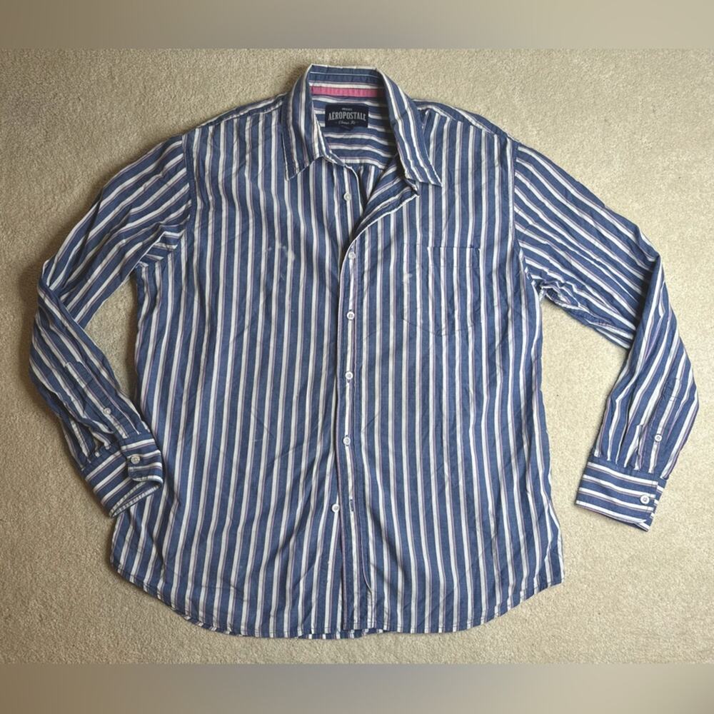 Aeropostale Vintage Blue Pink and White Striped Casual Button Down Shirt